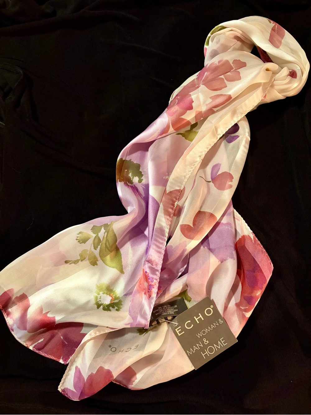 New Silk ECHO Pink, Purple & White Floral Scarf.